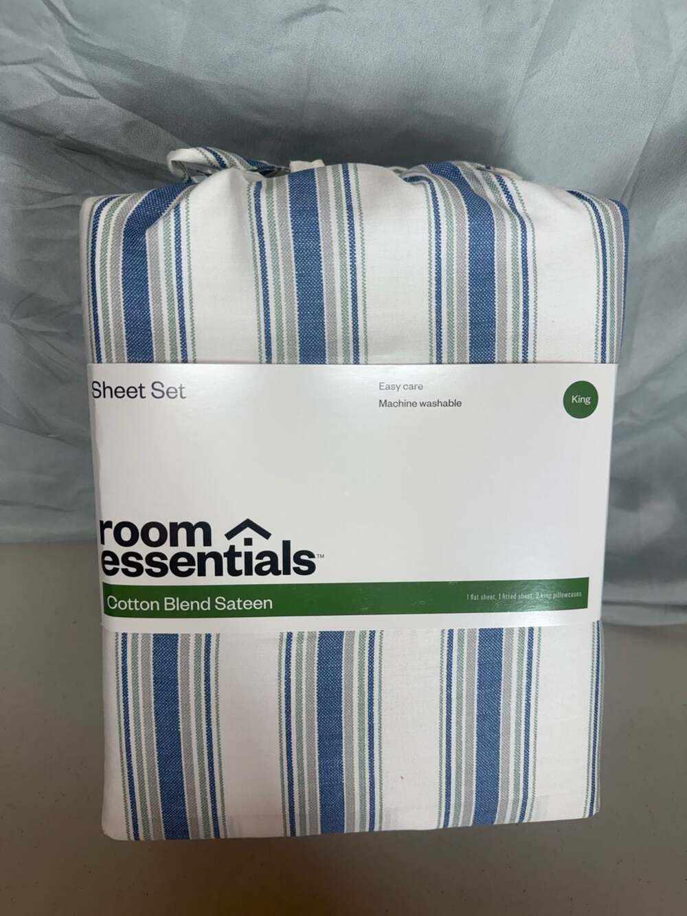 Room Essentials Sheet Set King Blue Stripe Cotton Blend Sateen